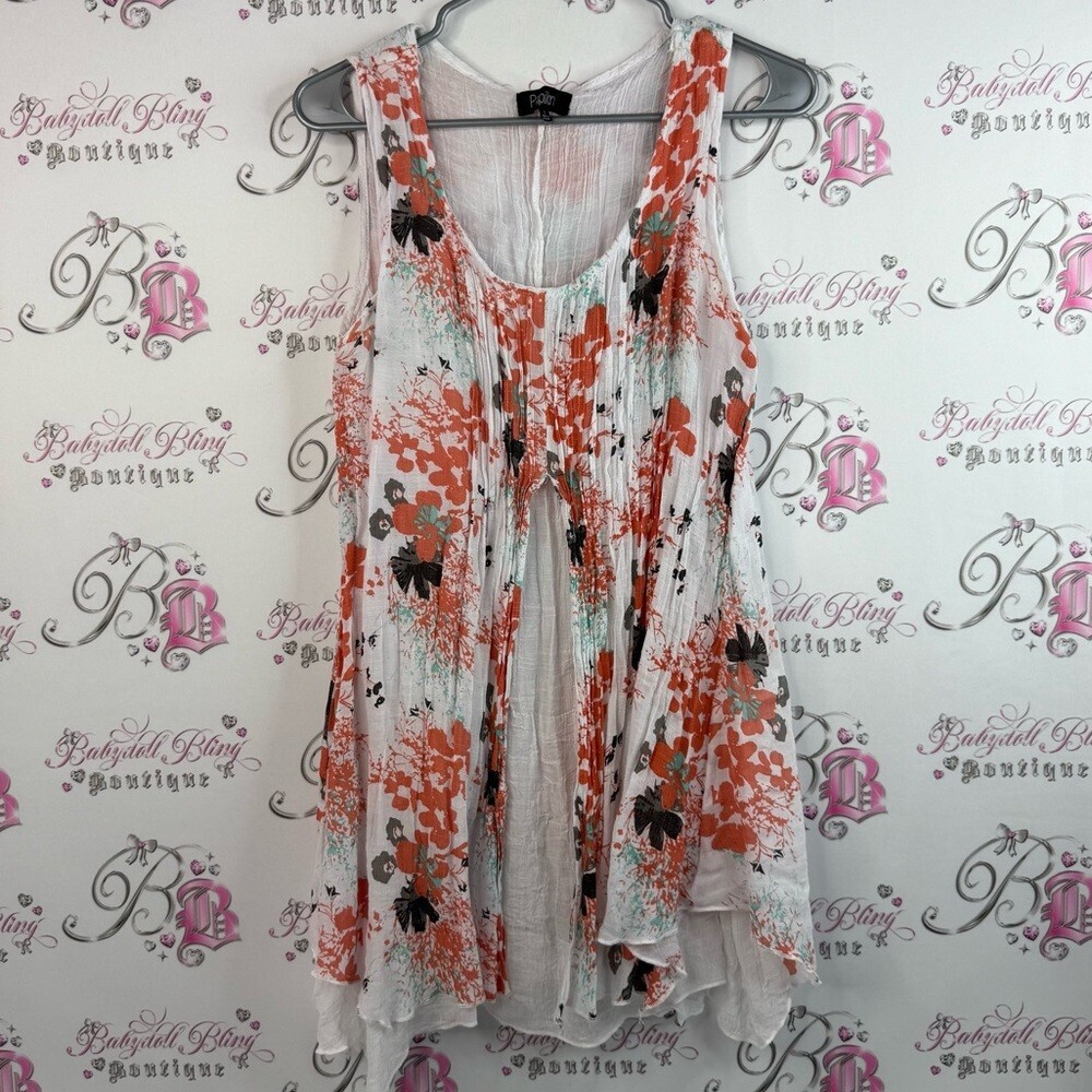 Papillon Blanc tank top long style Floral Sleeveless Top - Orange, Black, White